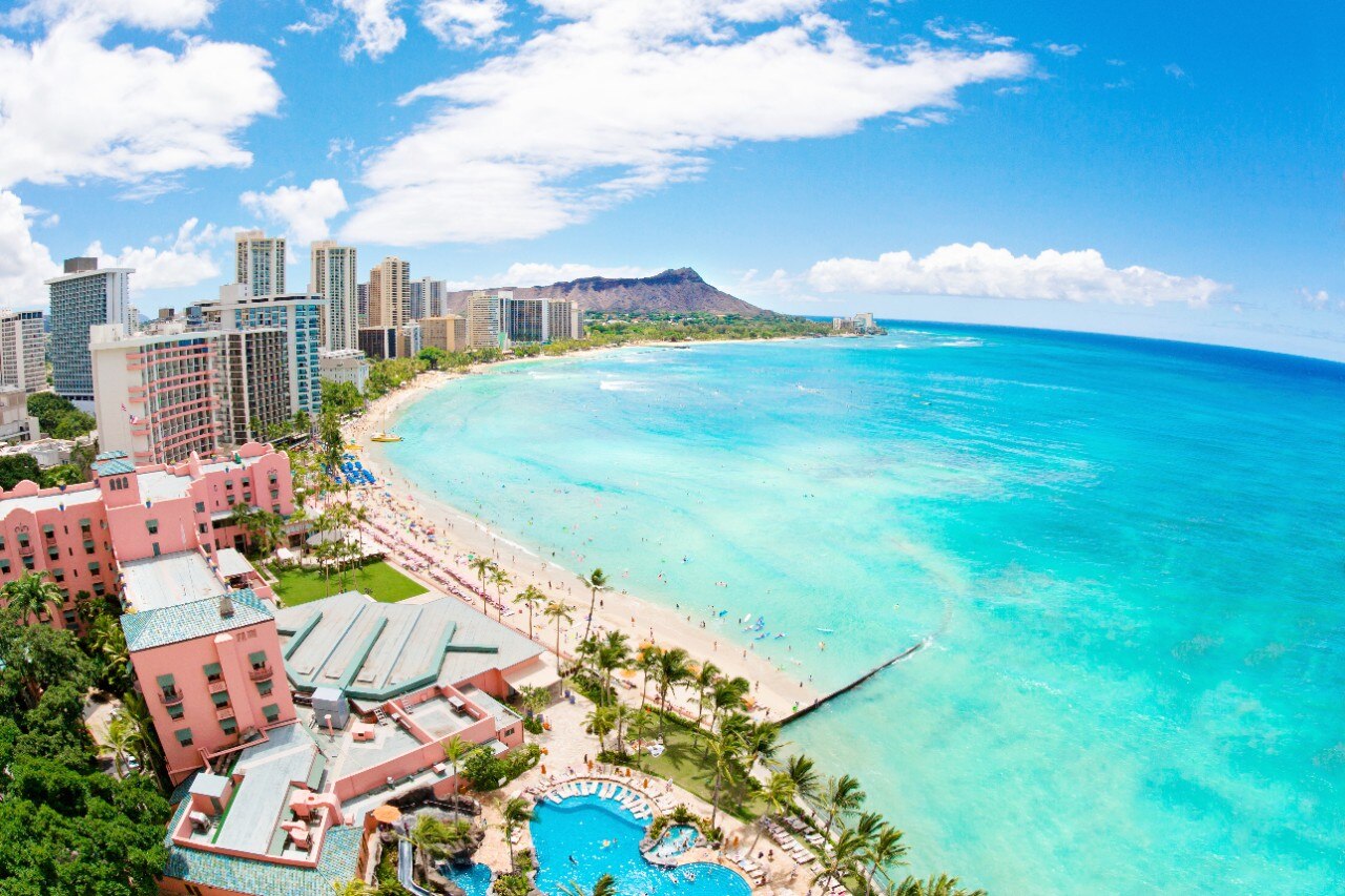Beautiful Waikiki beach resorts and Diamond Head in tropical Honolulu, Oahu, Hawaii.