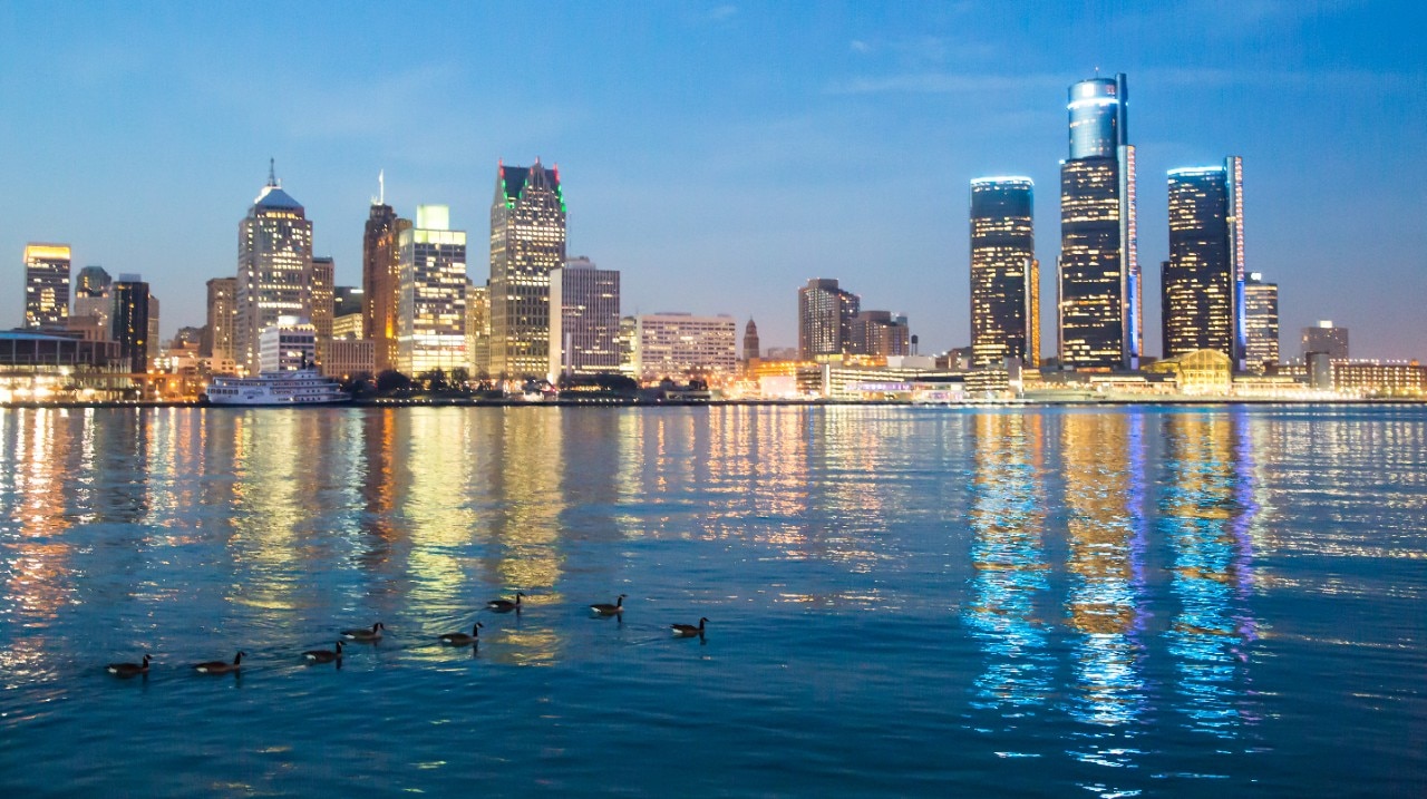 Detroit Skyline during the evening as seen from Windsor Ontario